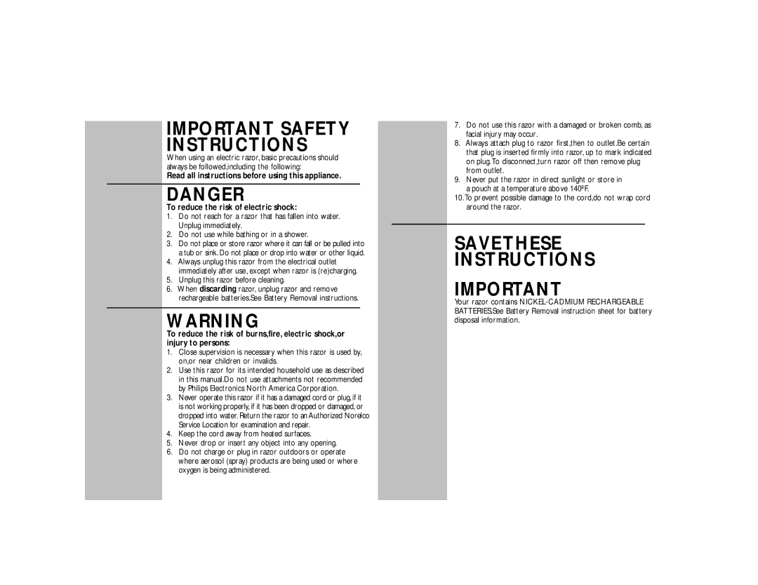 Philips 5842 XL, 5841XL manual Important Safety Instructions, Unplug this razor before cleaning 