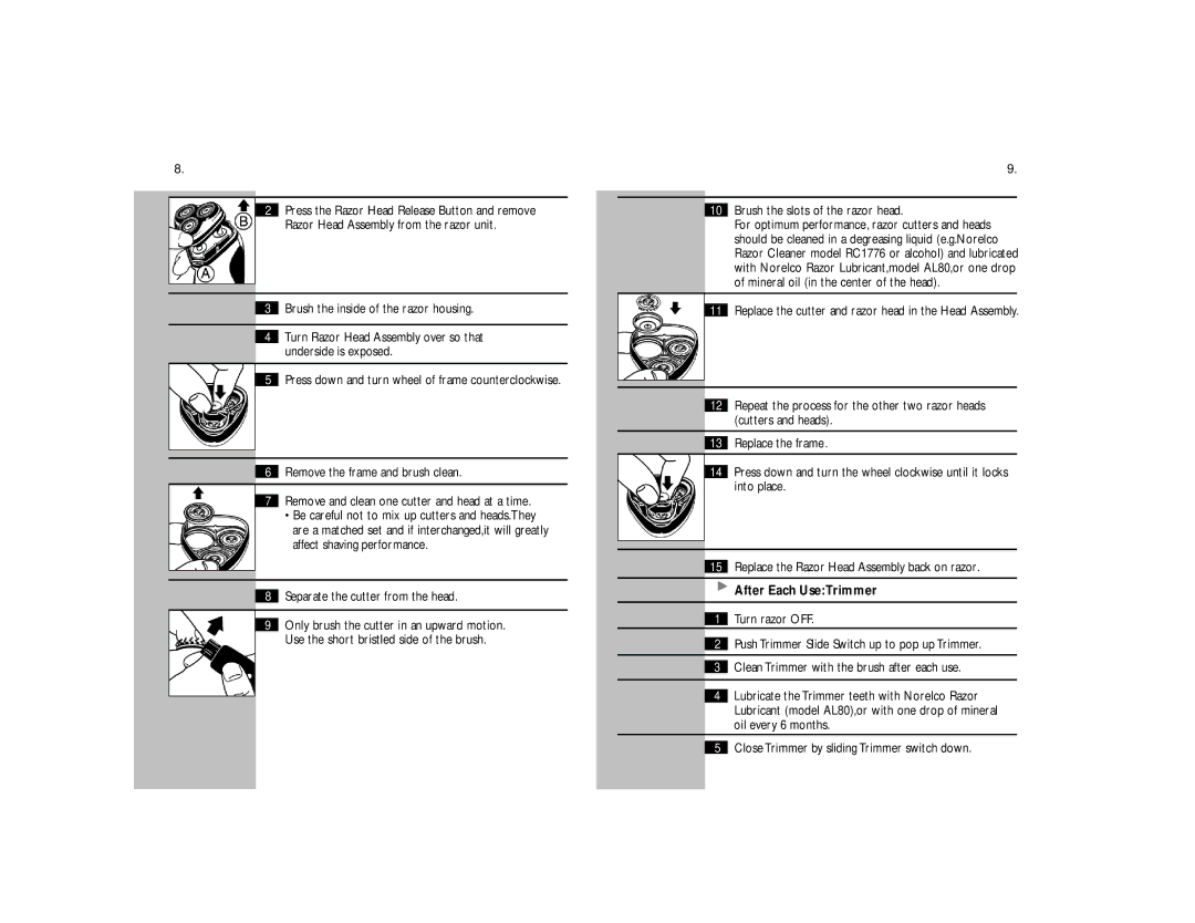 Philips 5841XL, 5842 XL manual Separate the cutter from the head, Brush the slots of the razor head, After Each UseTrimmer 