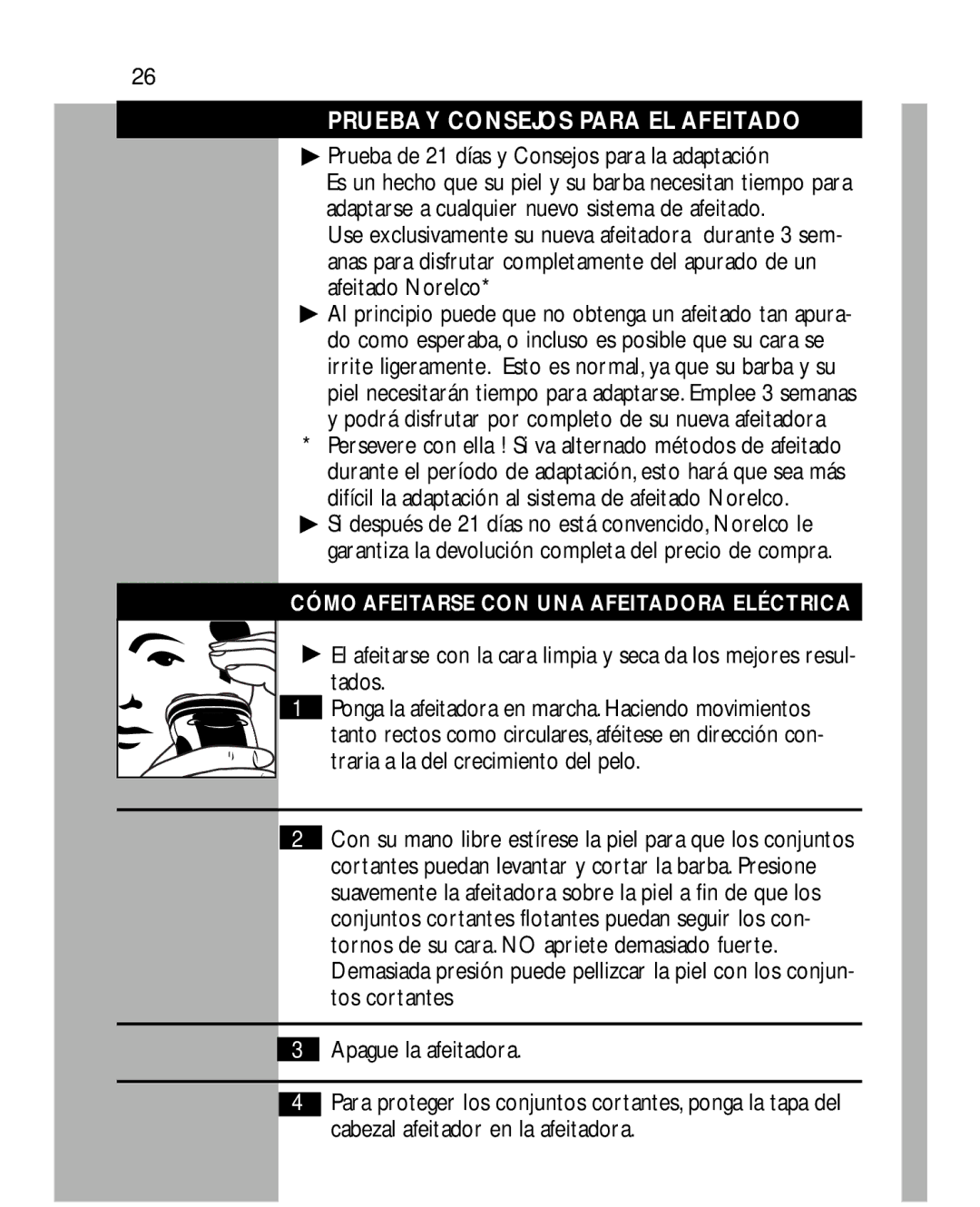 Philips 5862, 5864, 5863, 5861XL manual Prueba Y Consejos Para EL Afeitado, Prueba de 21 días y Consejos para la adaptación 