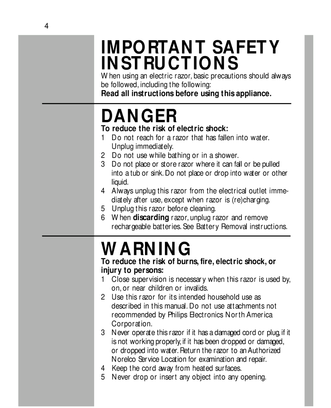 Philips 5864, 5863, 5862, 5861XL manual Important Safety Instructions, Unplug this razor before cleaning 