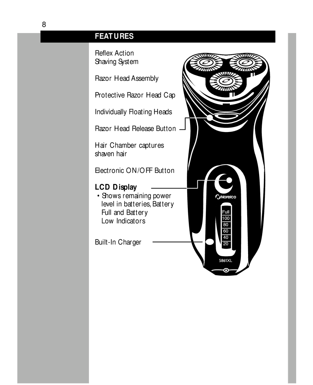 Philips 5864, 5863, 5862, 5861XL manual Features, Electronic ON/OFF Button, LCD Display, Low Indicators Built-In Charger 