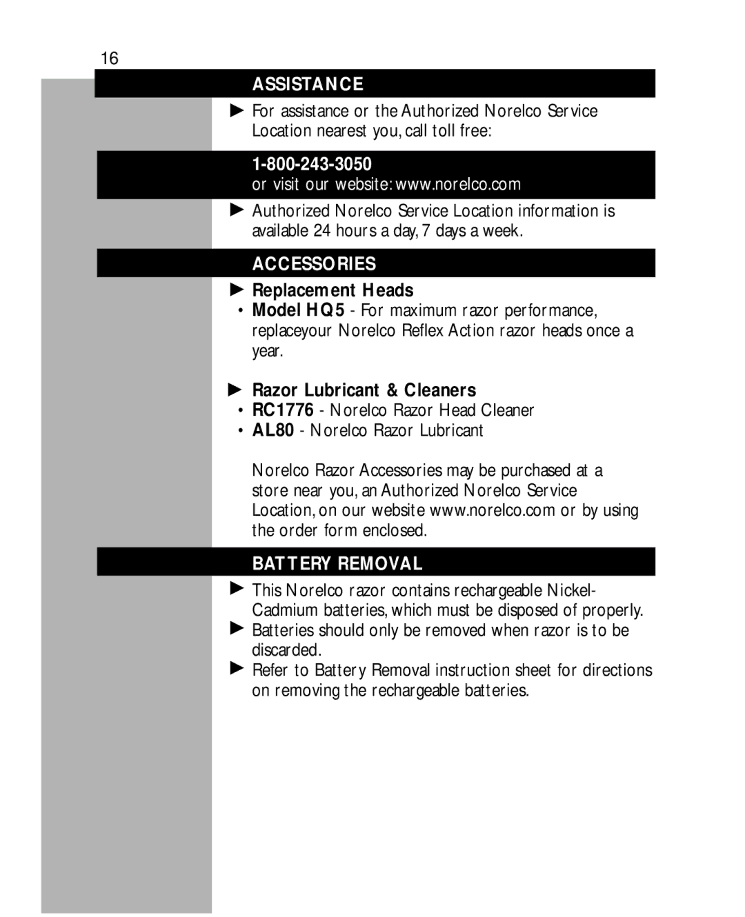 Philips 5863, 5864, 5862, 5867 manual Assistance, Accessories, Replacement Heads, Razor Lubricant & Cleaners, Battery Removal 
