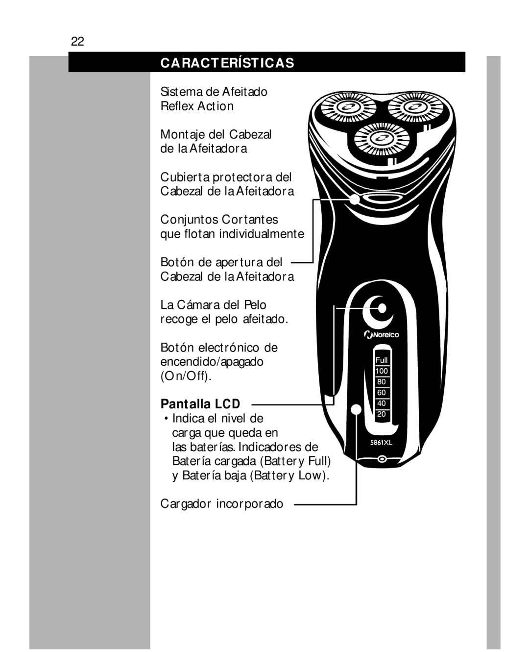 Philips 5862, 5864, 5863, 5867, 5861XL Características, Sistema de Afeitado Reflex Action, Pantalla LCD, Cargador incorporado 