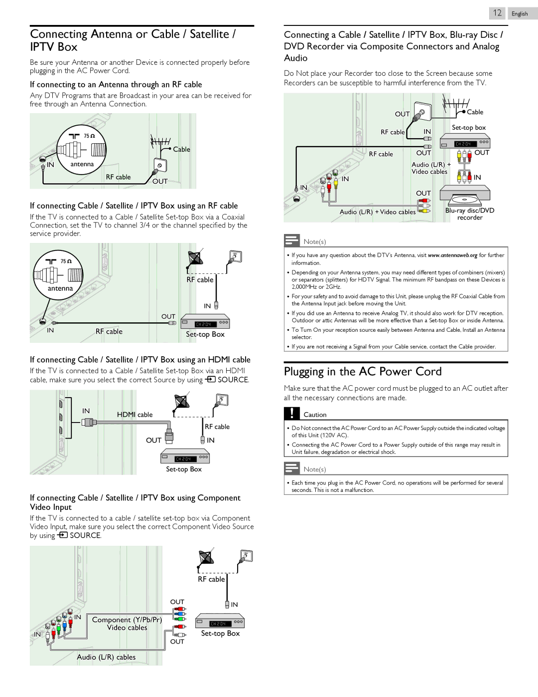 Philips 58PFL4609 Connecting Antenna or Cable / Satellite / Iptv Box, Plugging in the AC Power Cord, Audio L/R cables 