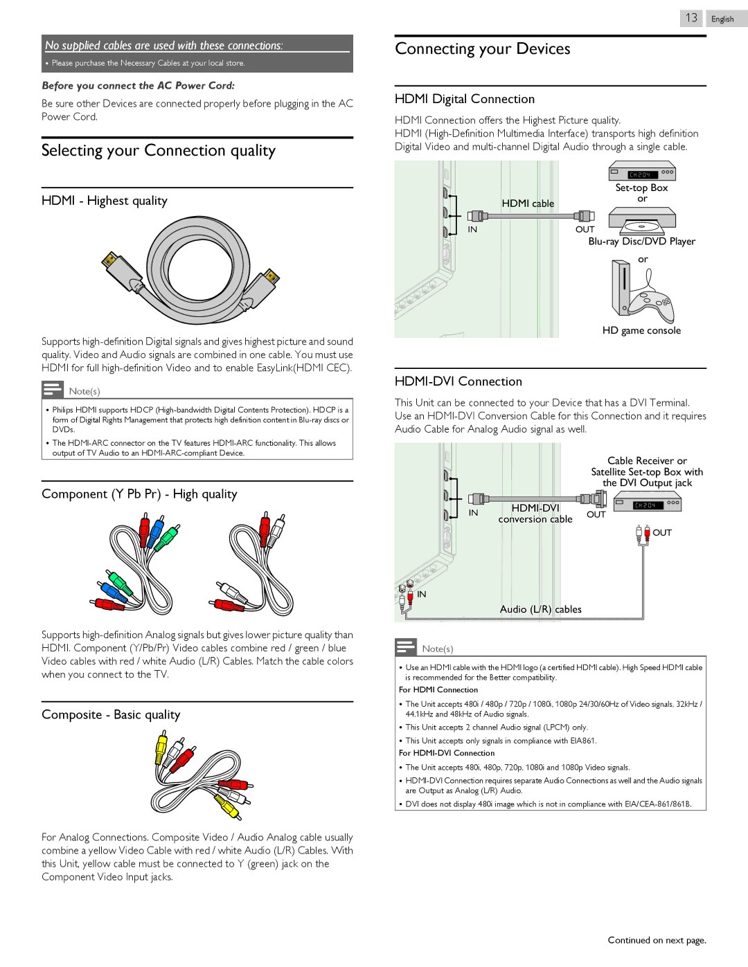 Philips 58PFL4909, 58PFL4609 user manual Selecting your Connection quality, Connecting your Devices 