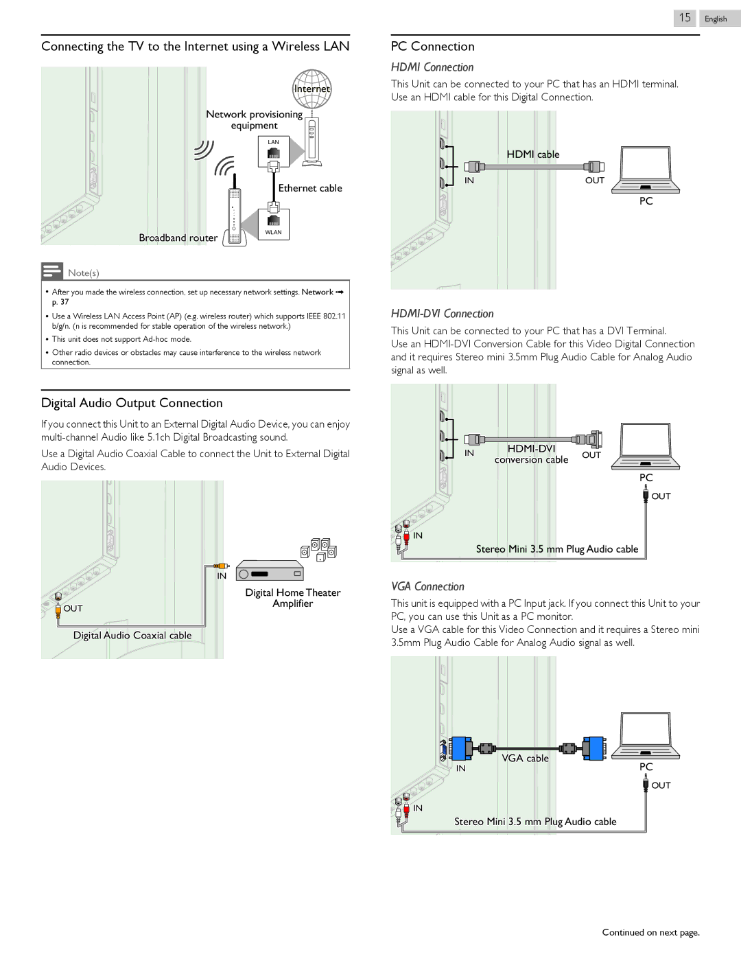 Philips 58PFL4909 Connecting the TV to the Internet using a Wireless LAN, PC Connection, Digital Audio Output Connection 