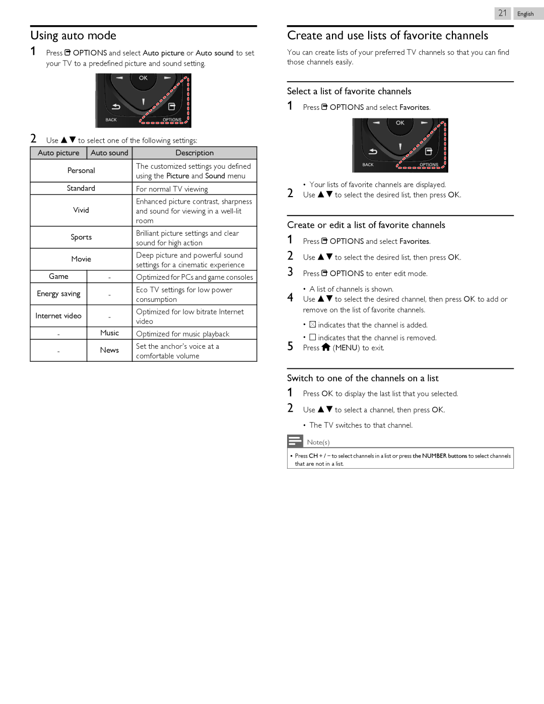 Philips 58PFL4909 Using auto mode, Create and use lists of favorite channels, Select a list of favorite channels 