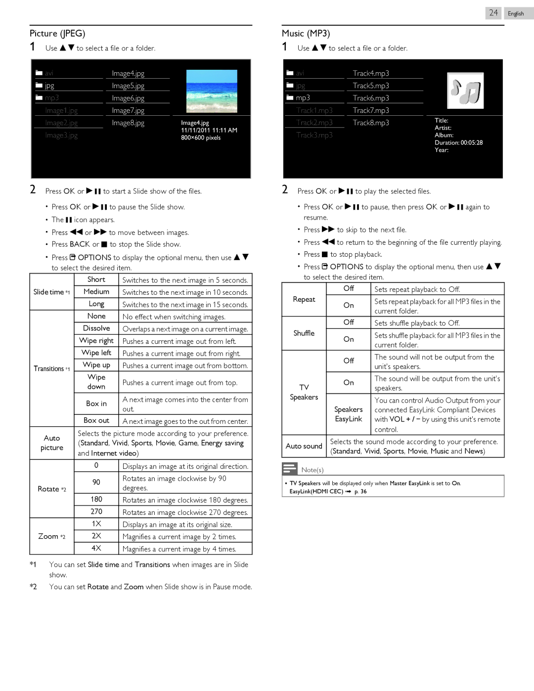 Philips 58PFL4609, 58PFL4909 user manual Picture Jpeg, Music MP3 