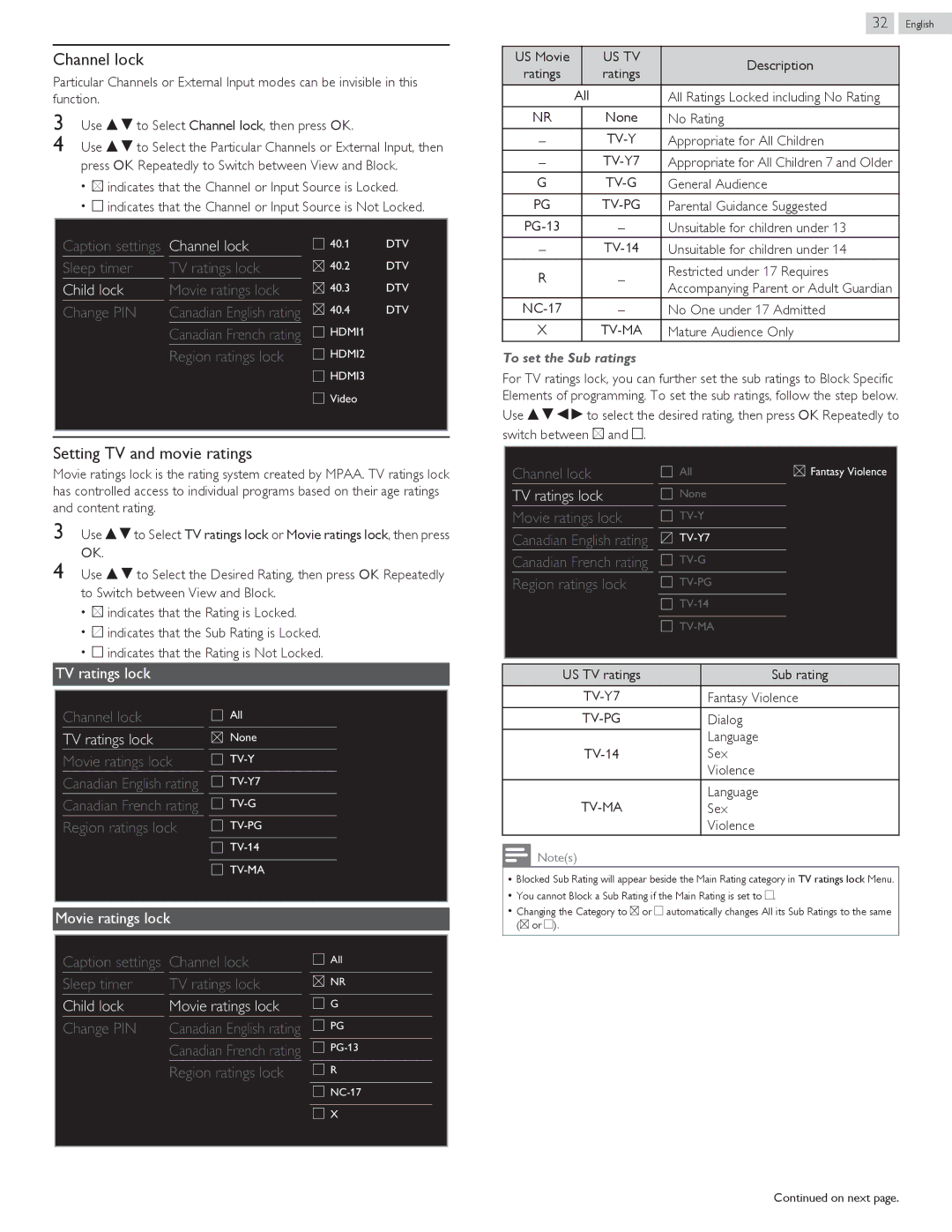 Philips 58PFL4609, 58PFL4909 Channel lock, Setting TV and movie ratings, TV ratings lock, Child lock Movie ratings lock 