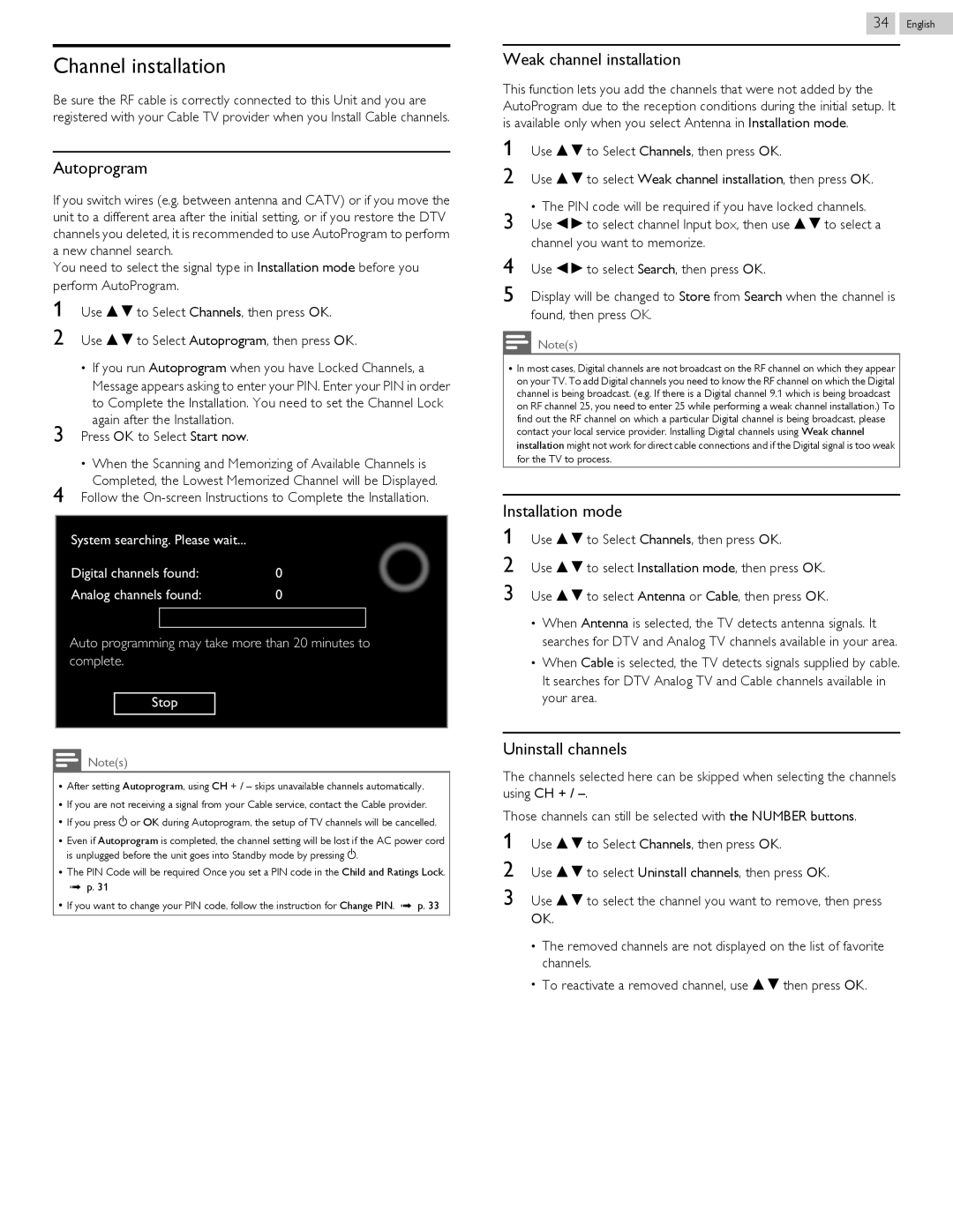 Philips 58PFL4609 Channel installation, Autoprogram, Weak channel installation, Installation mode, Uninstall channels 