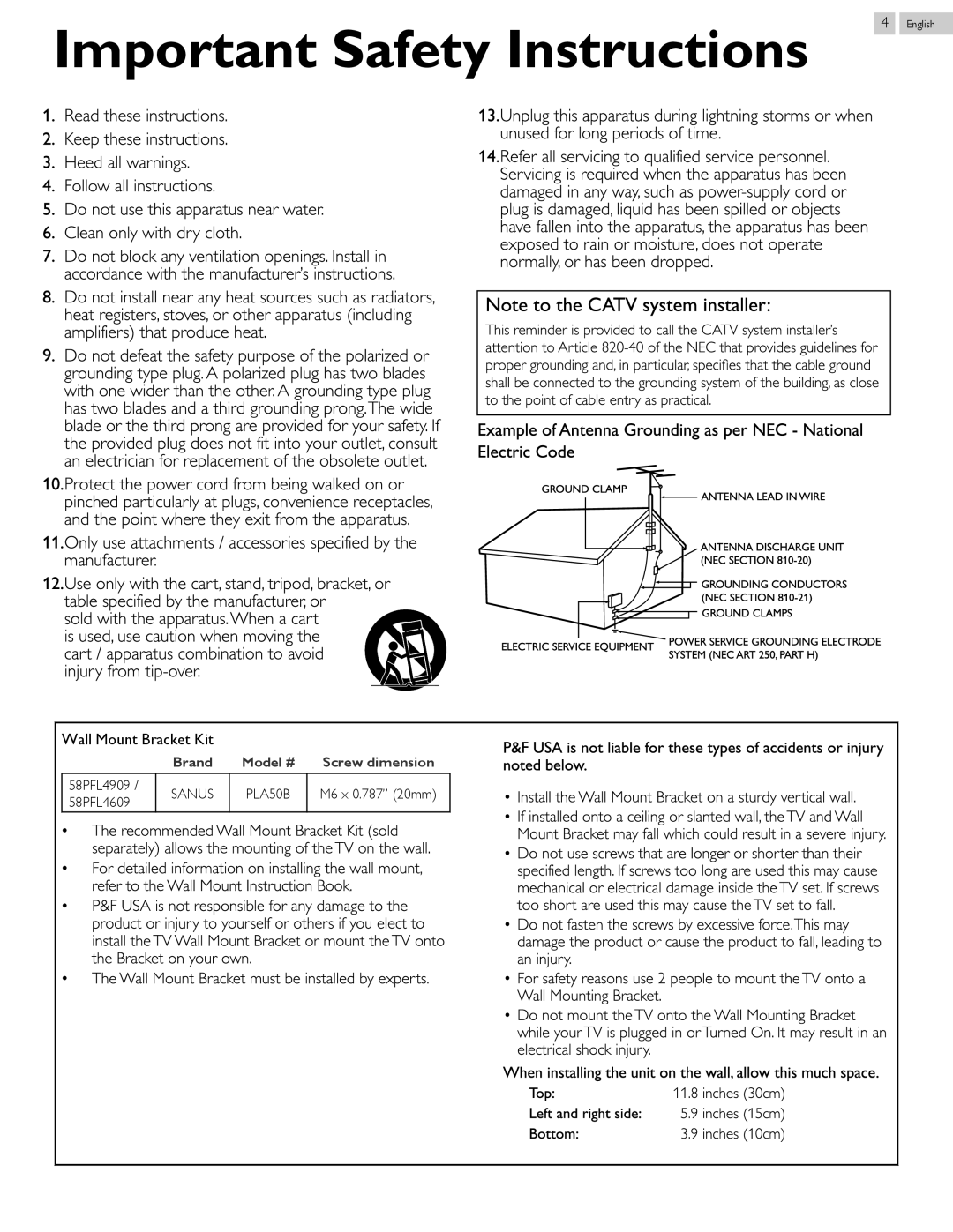 Philips 58PFL4609, 58PFL4909 user manual Left and right side, Bottom, Sanus PLA50B, M6 x 0.787 20mm 