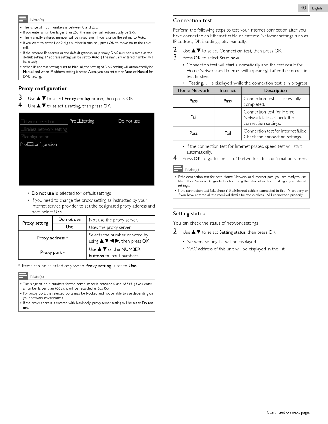 Philips 58PFL4609, 58PFL4909 user manual Connection test, Setting status, Proxy configuration 