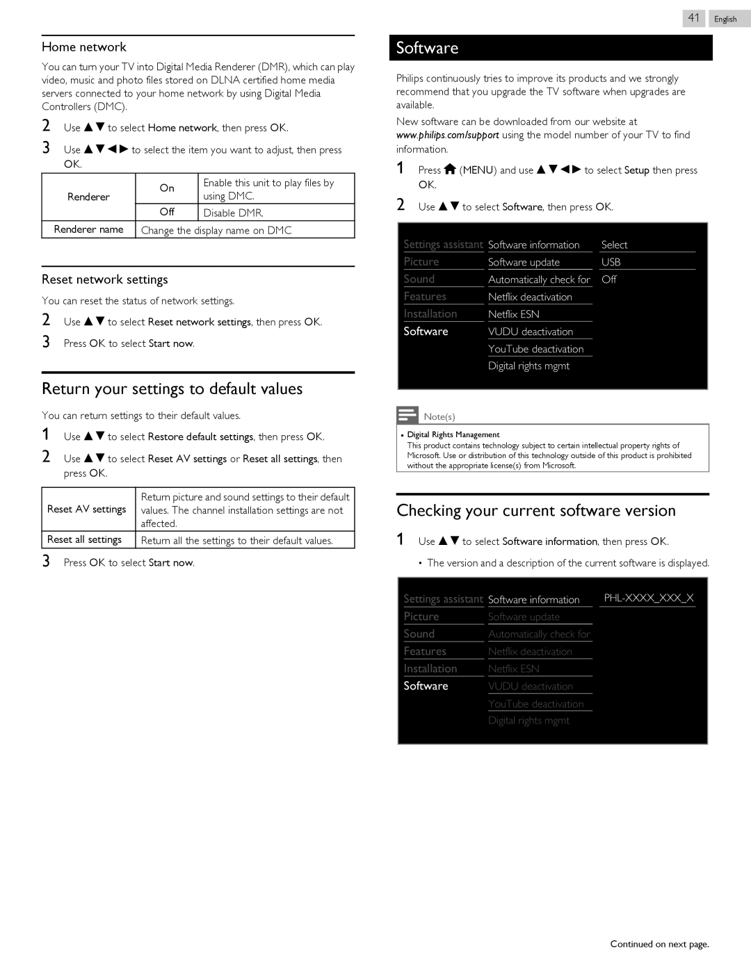 Philips 58PFL4909, 58PFL4609 Return your settings to default values, Checking your current software version, Home network 