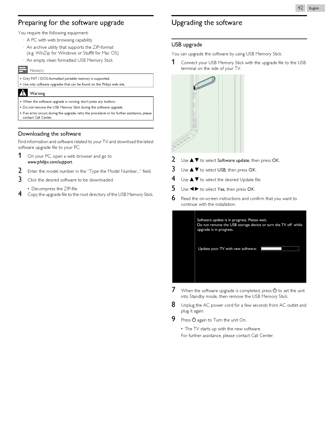 Philips 58PFL4609 Preparing for the software upgrade, Upgrading the software, Downloading the software, USB upgrade 