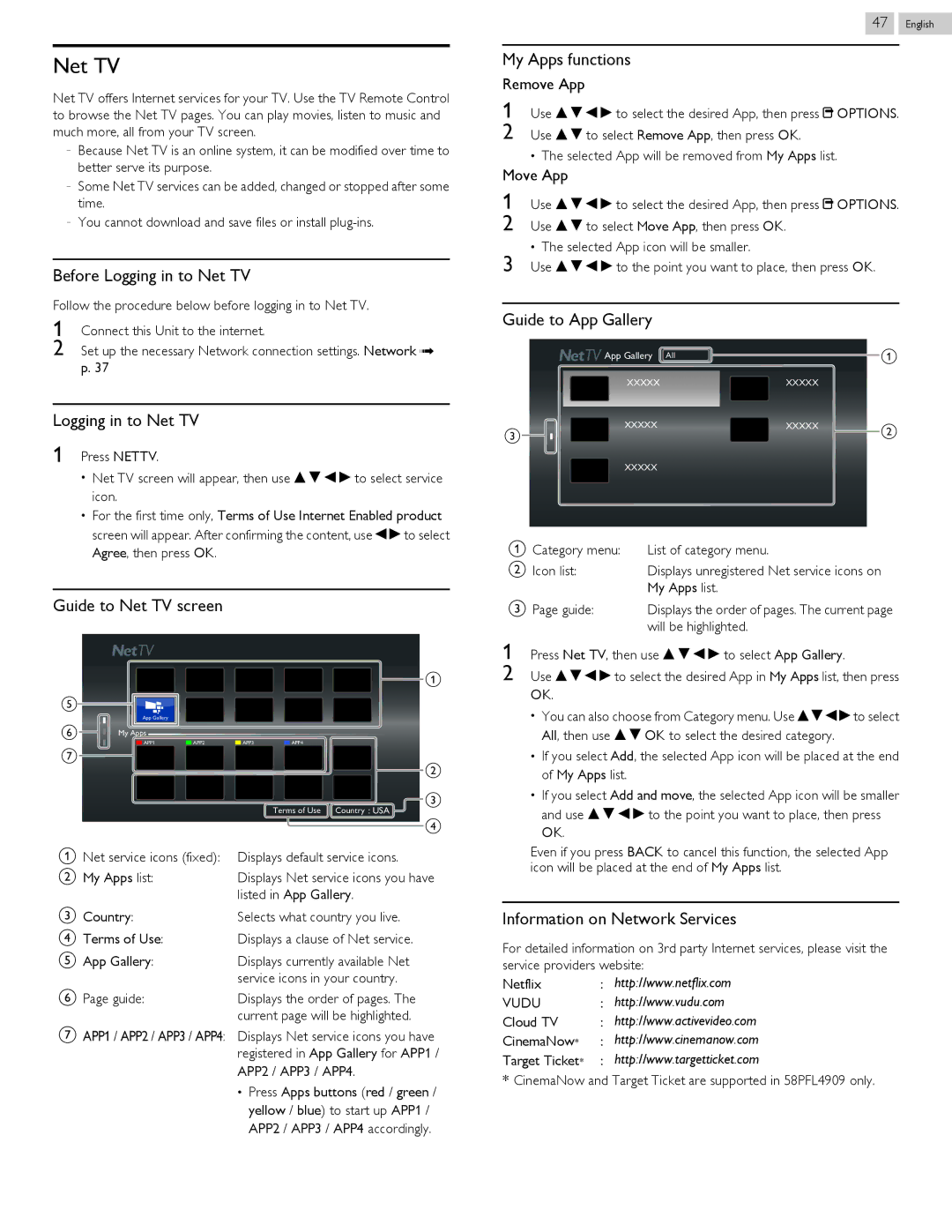 Philips 58PFL4909, 58PFL4609 user manual Net TV 