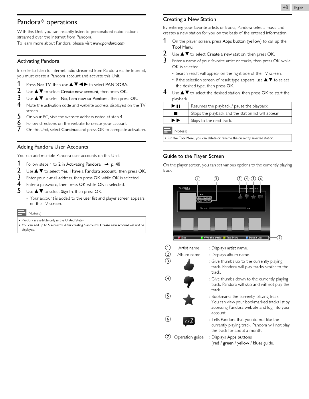 Philips 58PFL4609, 58PFL4909 PandoraN operations, Activating Pandora, Adding Pandora User Accounts, Creating a New Station 