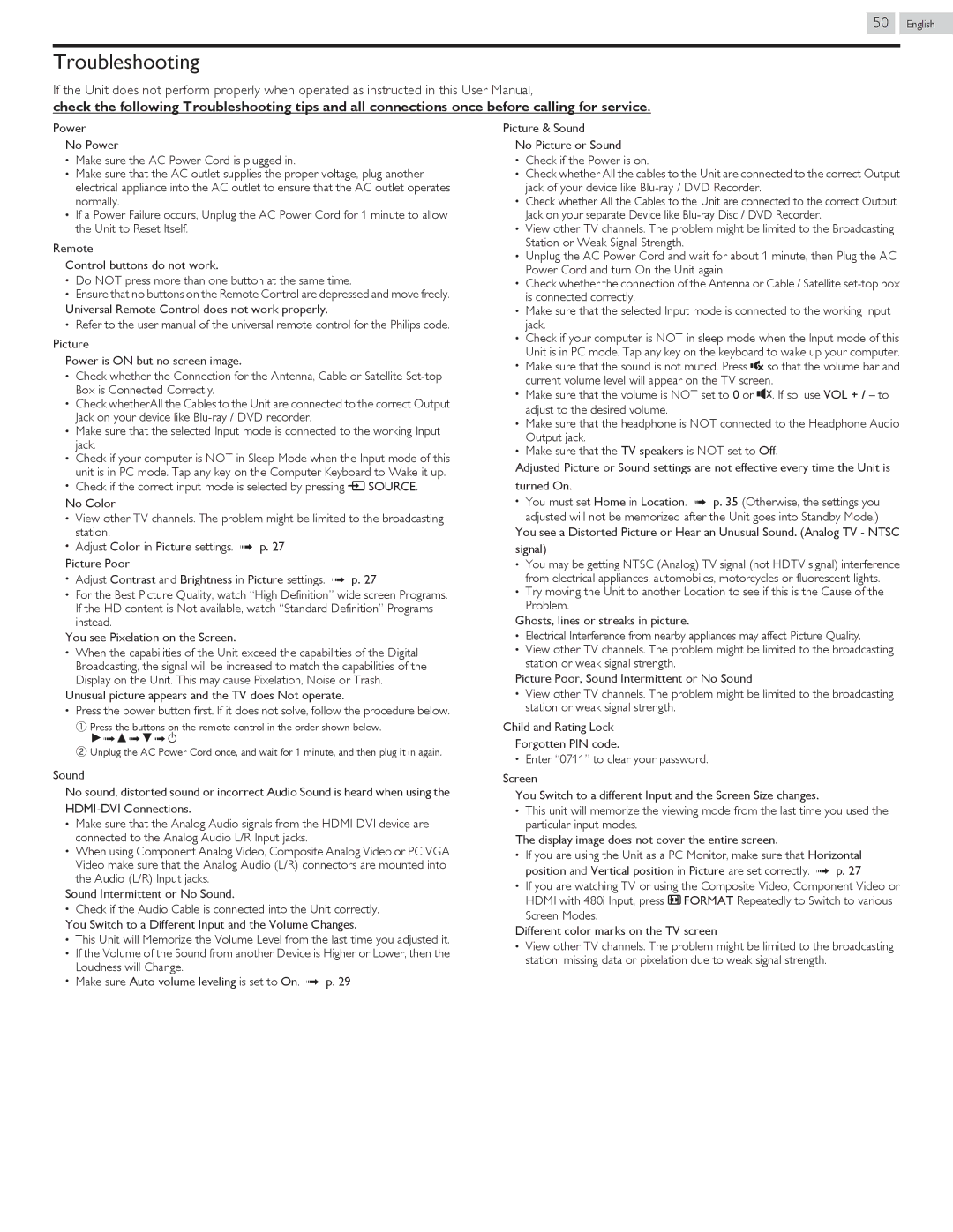 Philips 58PFL4609, 58PFL4909 user manual Troubleshooting, Unusual picture appears and the TV does Not operate 