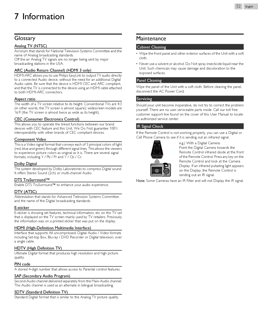 Philips 58PFL4609, 58PFL4909 user manual Information, Glossary, Maintenance 