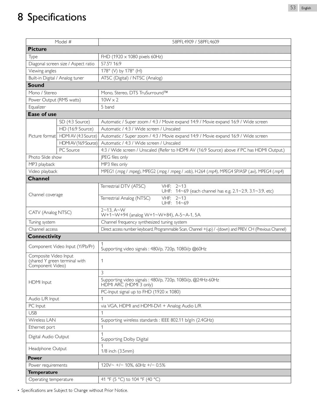 Philips 58PFL4909, 58PFL4609 user manual Specifications, Vhf, Uhf 