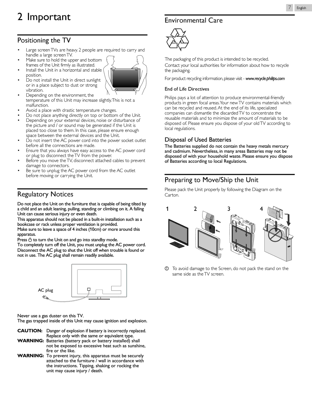 Philips 58PFL4909 Positioning the TV Regulatory Notices, Environmental Care, Preparing to Move/Ship the Unit, Packaging 