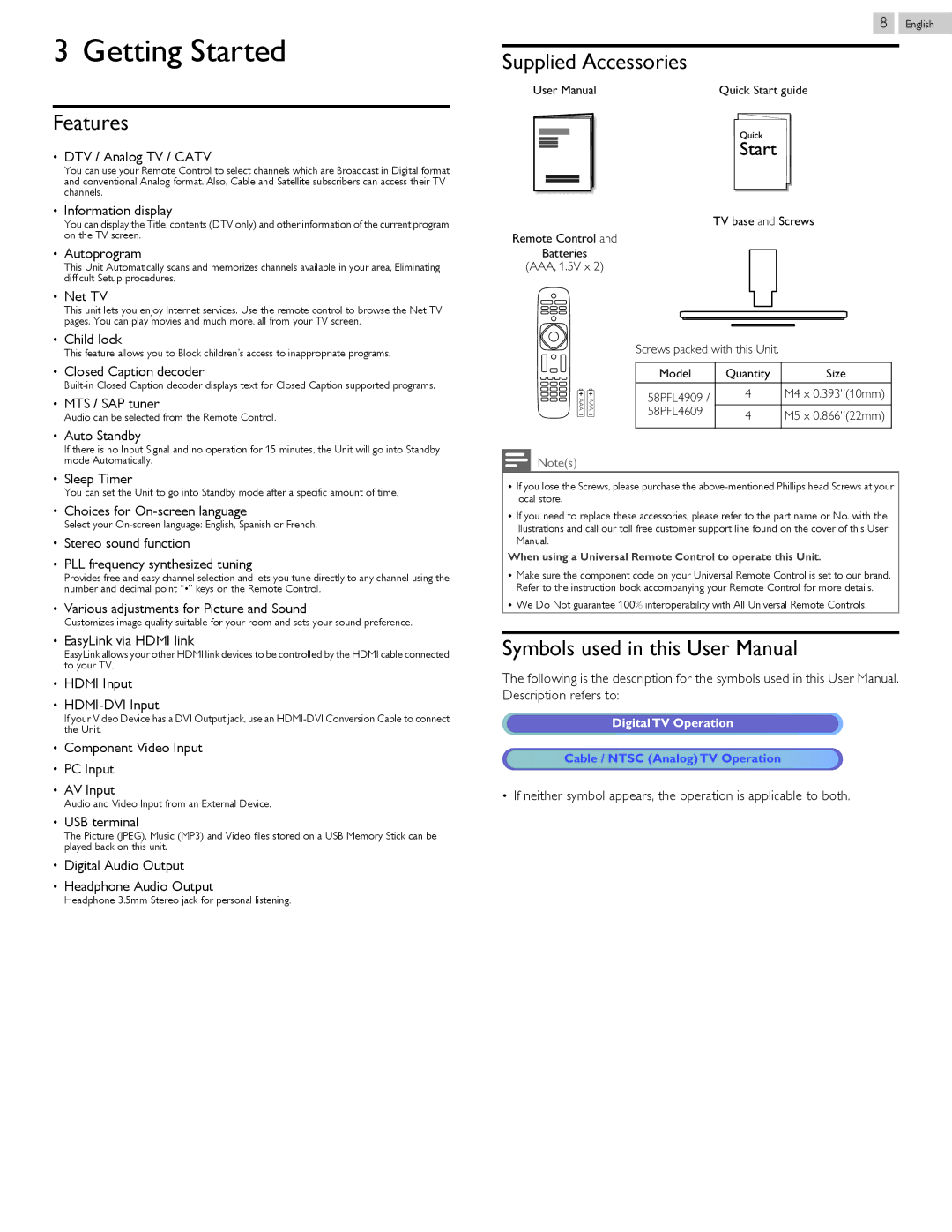 Philips 58PFL4609, 58PFL4909 user manual Getting Started, Features, Supplied Accessories 