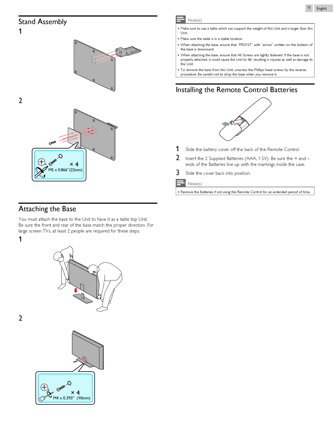 Philips 58PFL4909, 58PFL4609 user manual Stand Assembly, Attaching the Base, Installing the Remote Control Batteries 