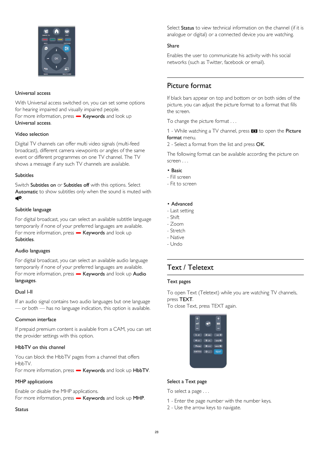 Philips 40PUK6809, 58PUK6809, 58PUS6809 Picture format, Text / Teletext, Universal access, Zoom Stretch Native Undo 