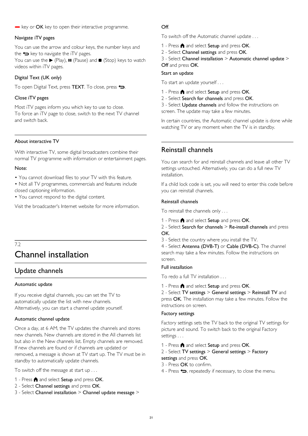 Philips 58PUS6809 Channel installation, Update channels, Reinstall channels, Automatic update, Automatic channel update 