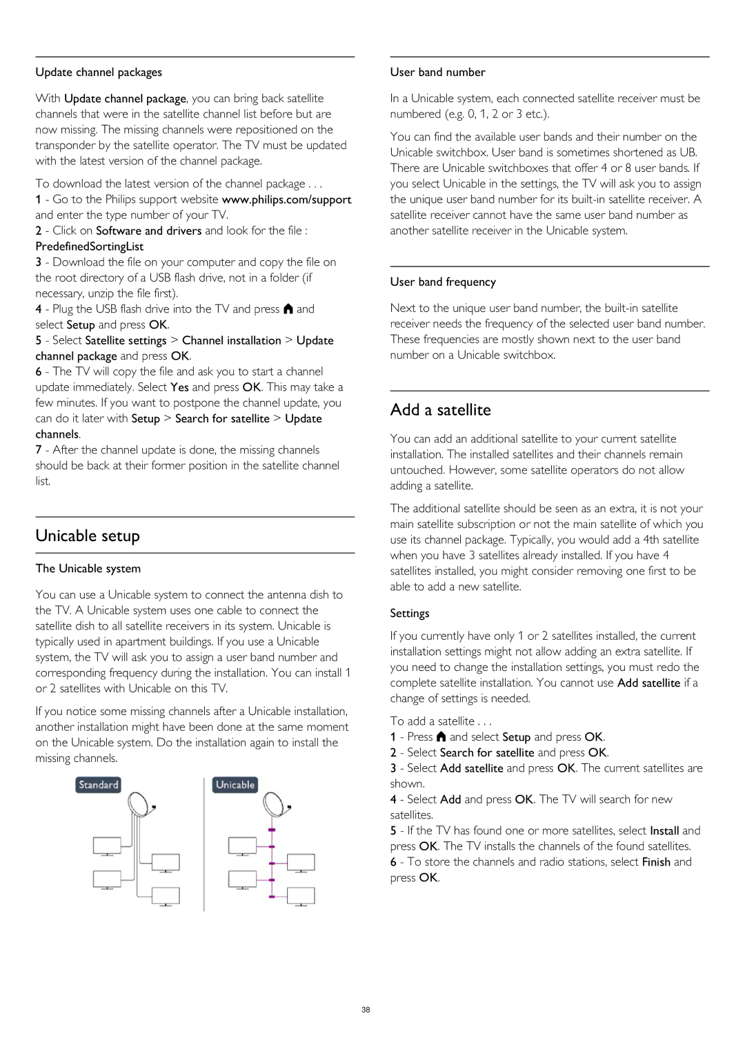 Philips 50PUK6809, 58PUK6809, 58PUS6809 Unicable setup, Add a satellite, Update channel packages, Unicable system, Settings 
