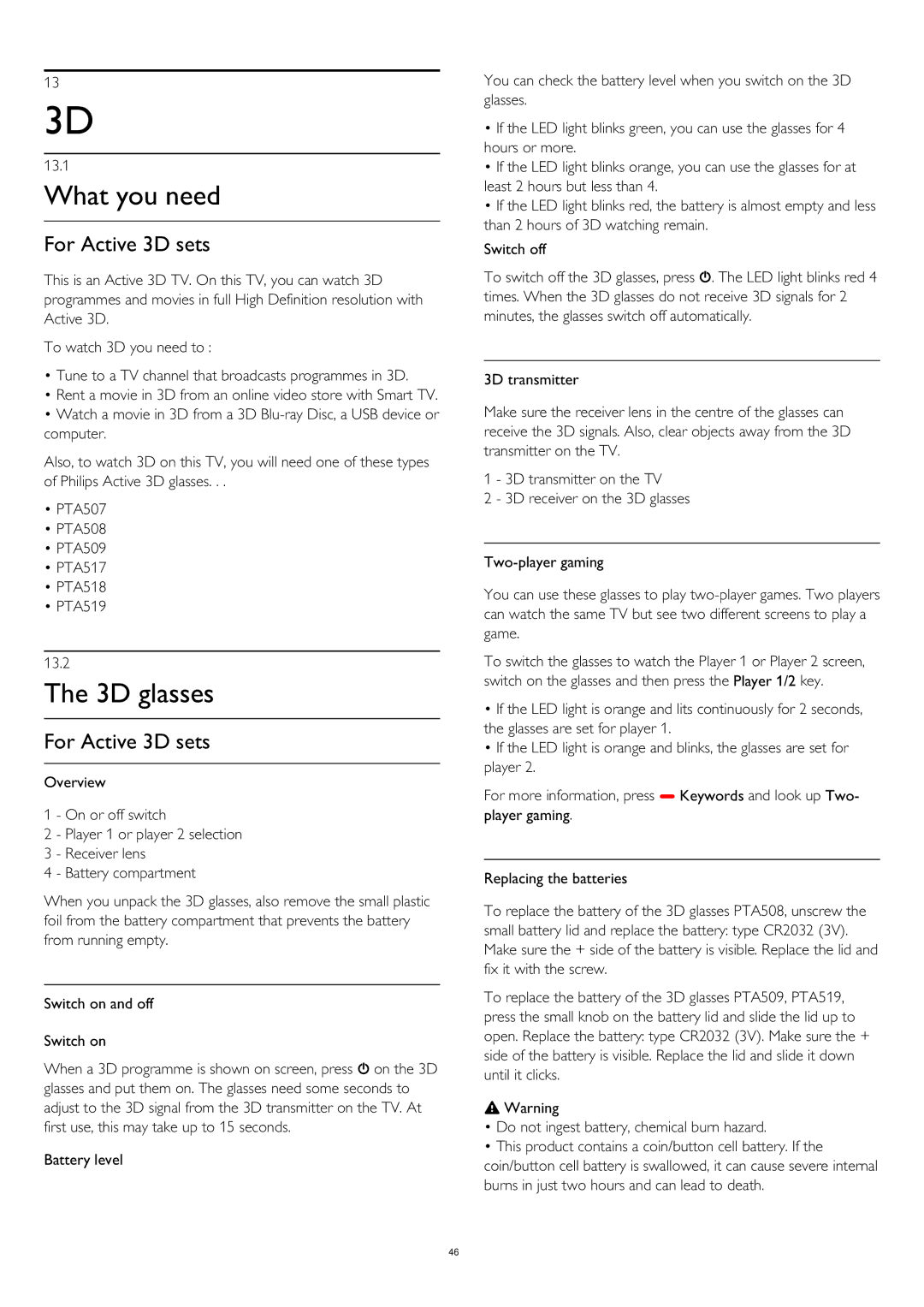 Philips 40PUK6809, 58PUK6809, 58PUS6809, 50PUK6809, 40PUS6809, 50PUS6809 user manual 3D glasses, For Active 3D sets, 13.1 