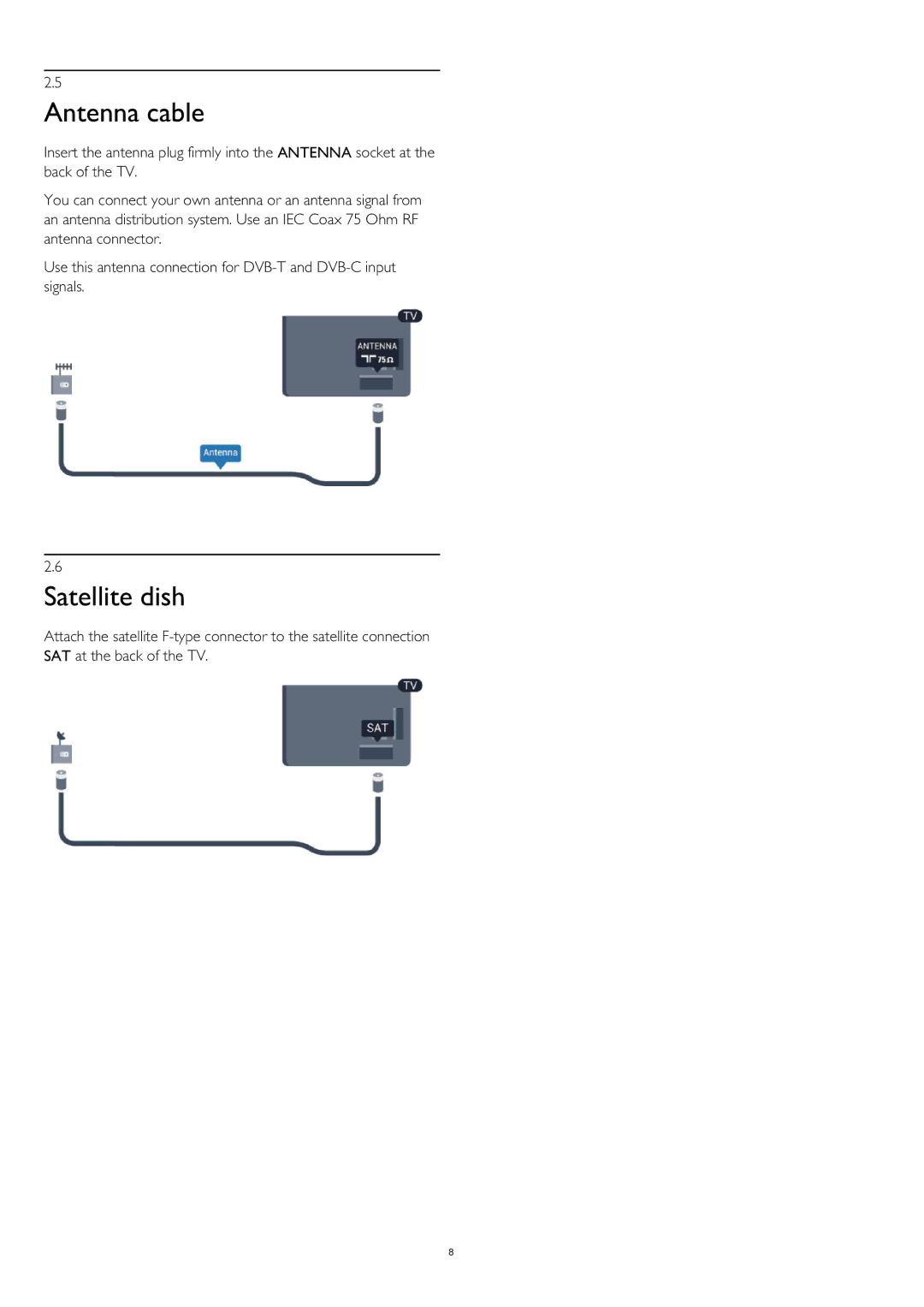 Philips 50PUK6809, 58PUK6809, 58PUS6809, 40PUS6809, 40PUK6809, 50PUS6809 user manual Antenna cable, Satellite dish 