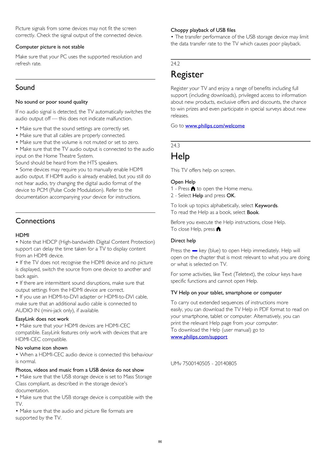 Philips 50PUK6809, 58PUK6809, 58PUS6809, 40PUS6809, 40PUK6809, 50PUS6809 user manual Register, Help, Sound, Connections 