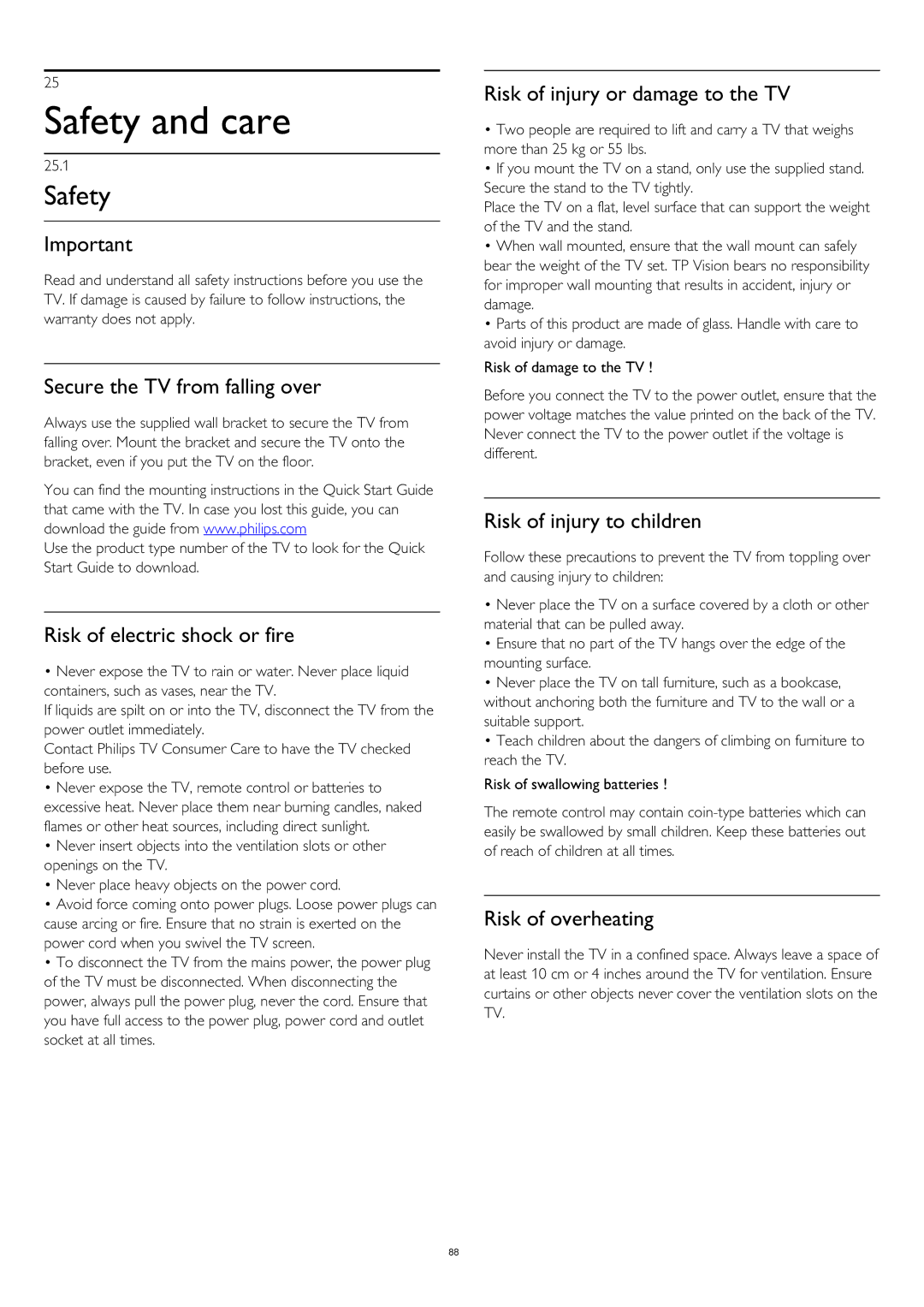 Philips 40PUK6809, 58PUK6809, 58PUS6809, 50PUK6809, 40PUS6809, 50PUS6809 user manual Safety and care 