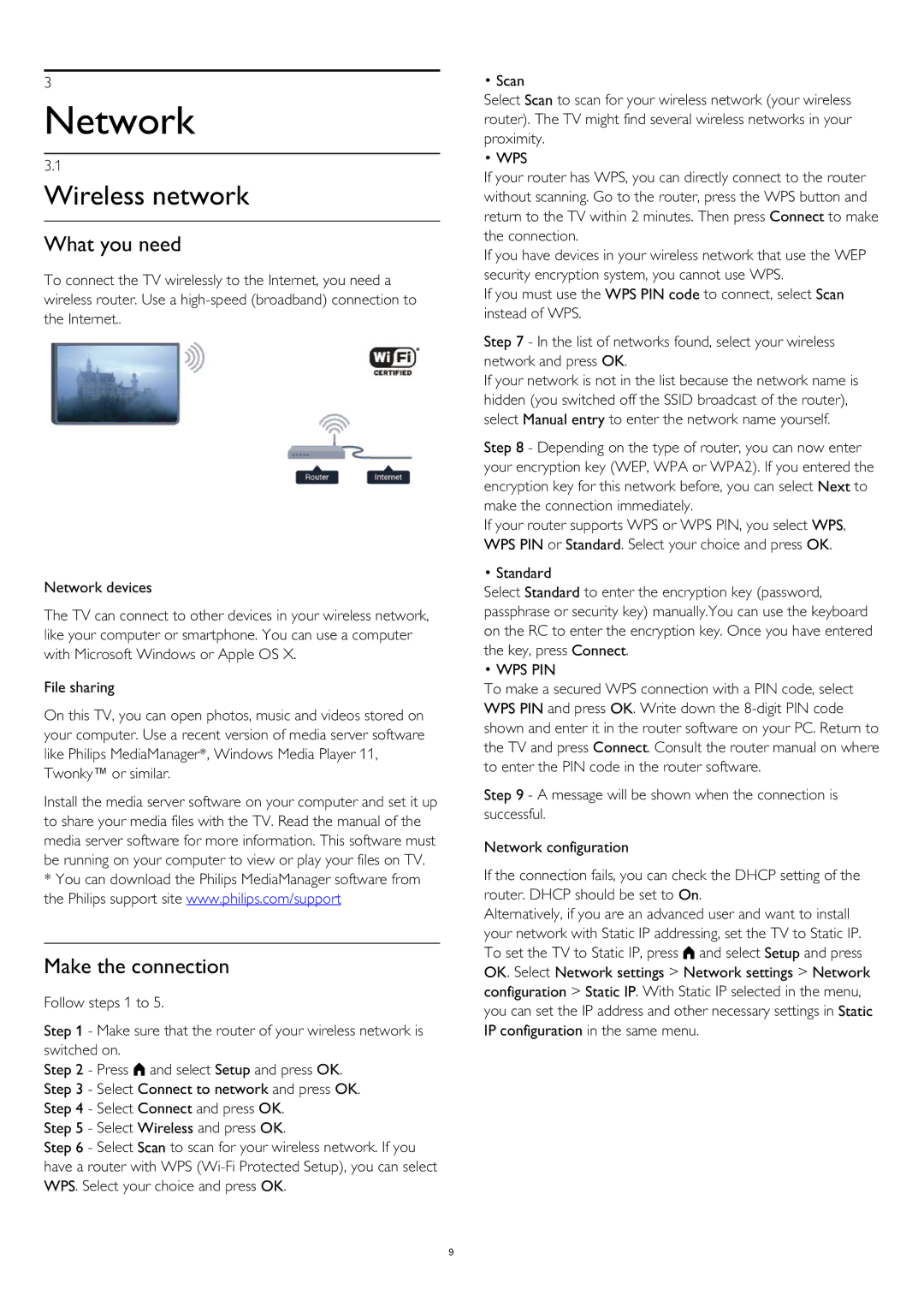 Philips 40PUS6809, 58PUK6809, 58PUS6809, 50PUK6809, 40PUK6809 Network, Wireless network, What you need, Make the connection 