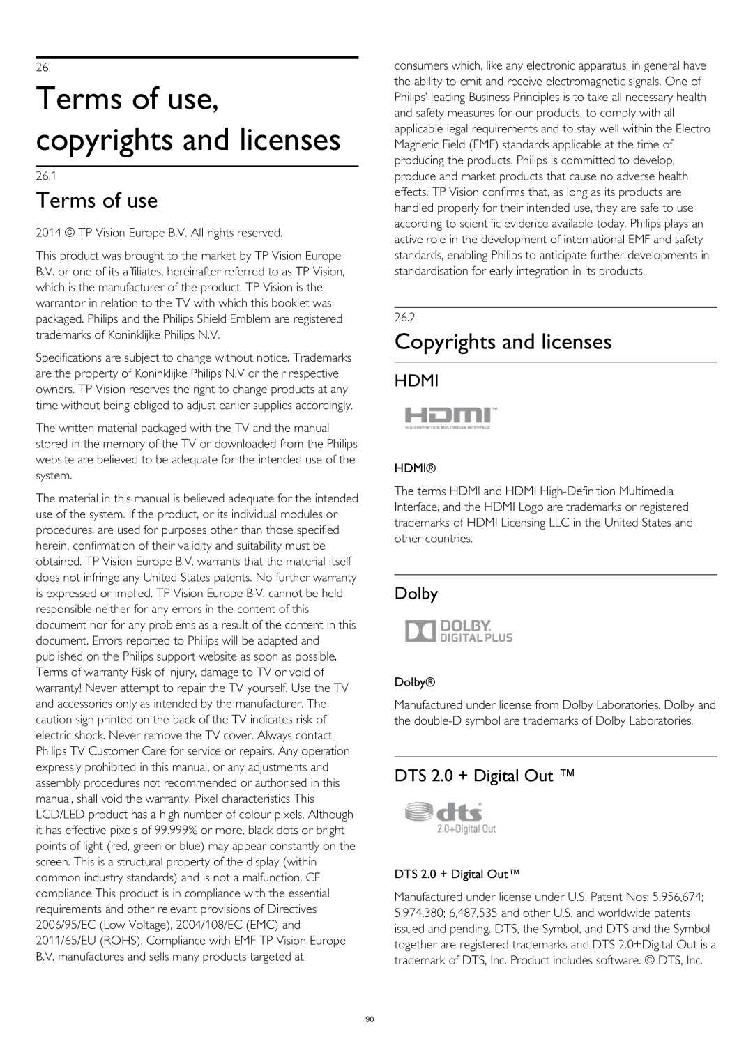 Philips 58PUK6809, 58PUS6809, 50PUK6809, 40PUS6809 Terms of use, Copyrights and licenses, Dolby, DTS 2.0 + Digital Out 