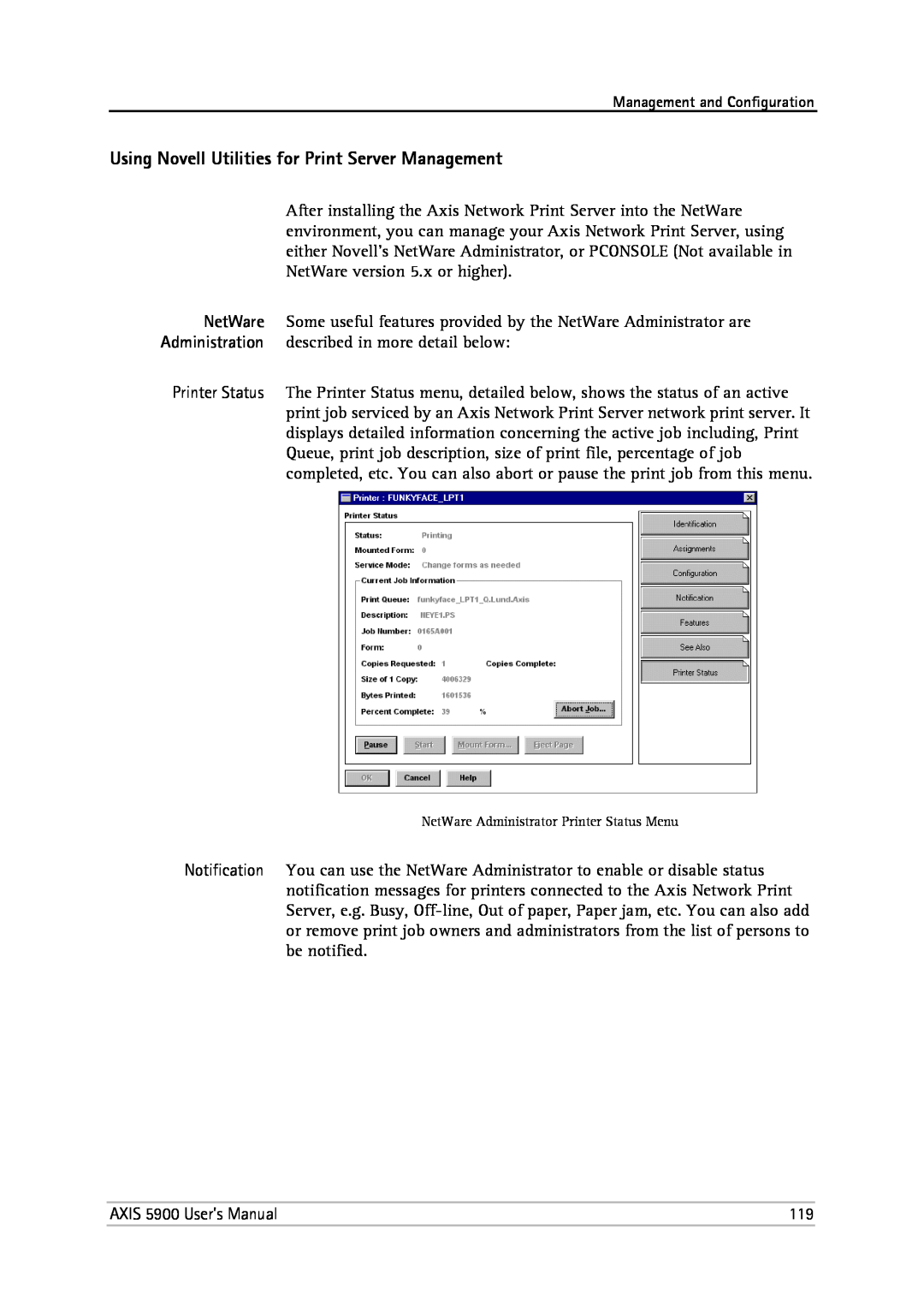 Philips 5900 user manual Using Novell Utilities for Print Server Management, NetWare Administrator Printer Status Menu 