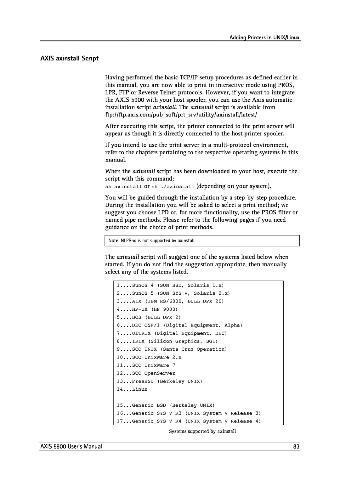 Philips 5900 user manual AXIS axinstall Script, Note NLPRng is not supported by axinstall, Systems supported by axinstall 