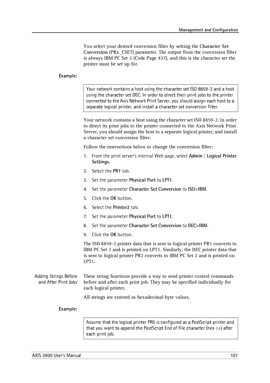 Philips 5900 user manual Example, Settings, Select the PR1 tab Set the parameter Physical Port to LPT1 