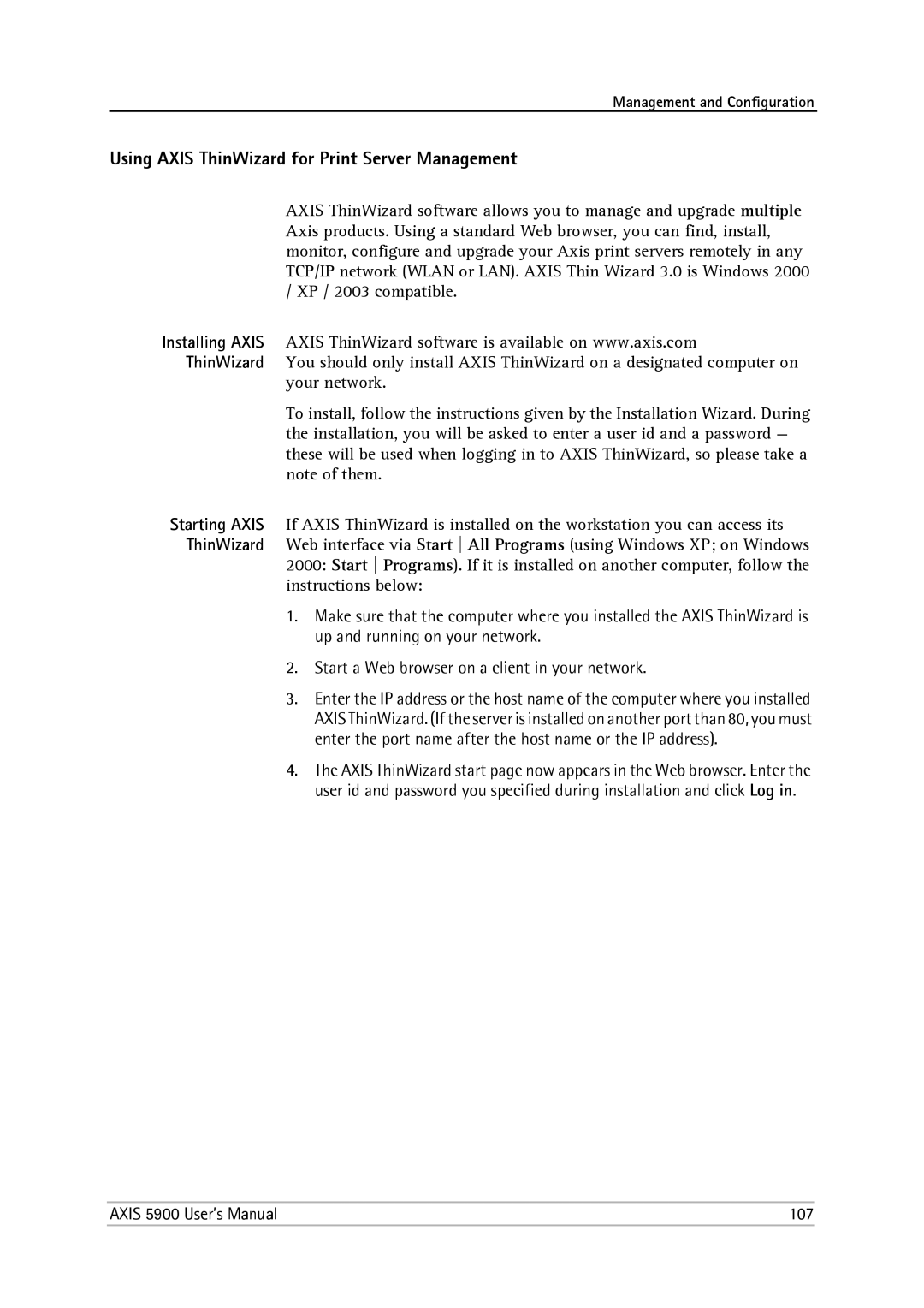 Philips user manual Using Axis ThinWizard for Print Server Management, Axis 5900 User’s Manual 107 