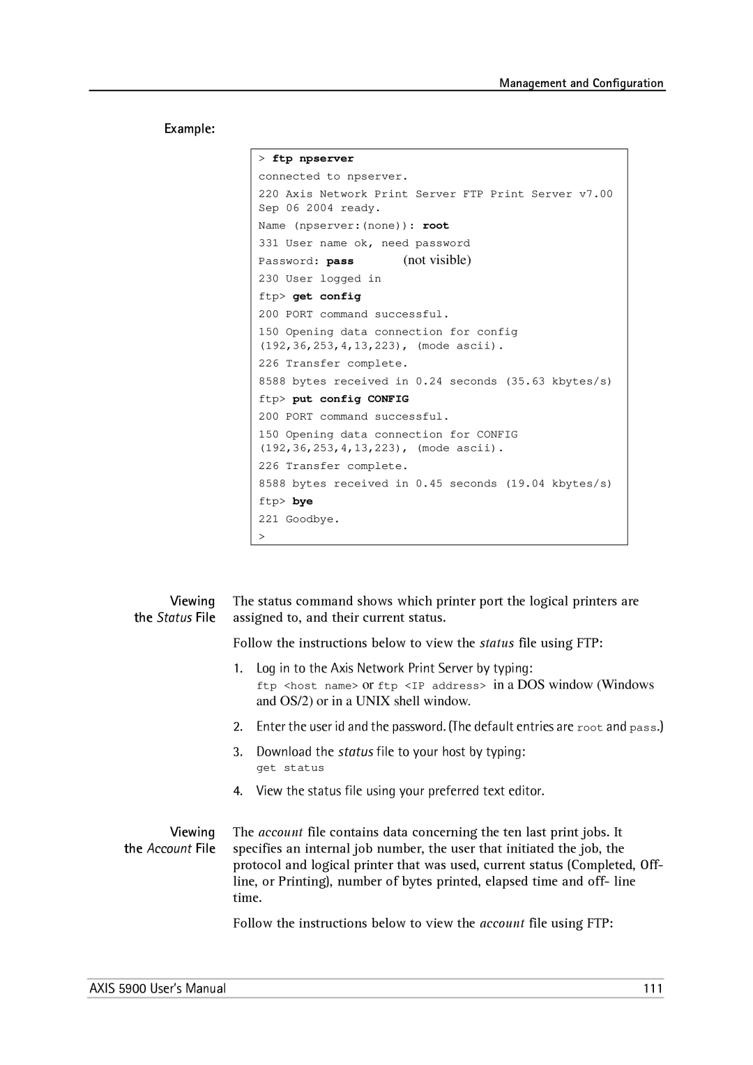 Philips 5900 user manual View the status file using your preferred text editor, Ftp npserver connected to npserver 