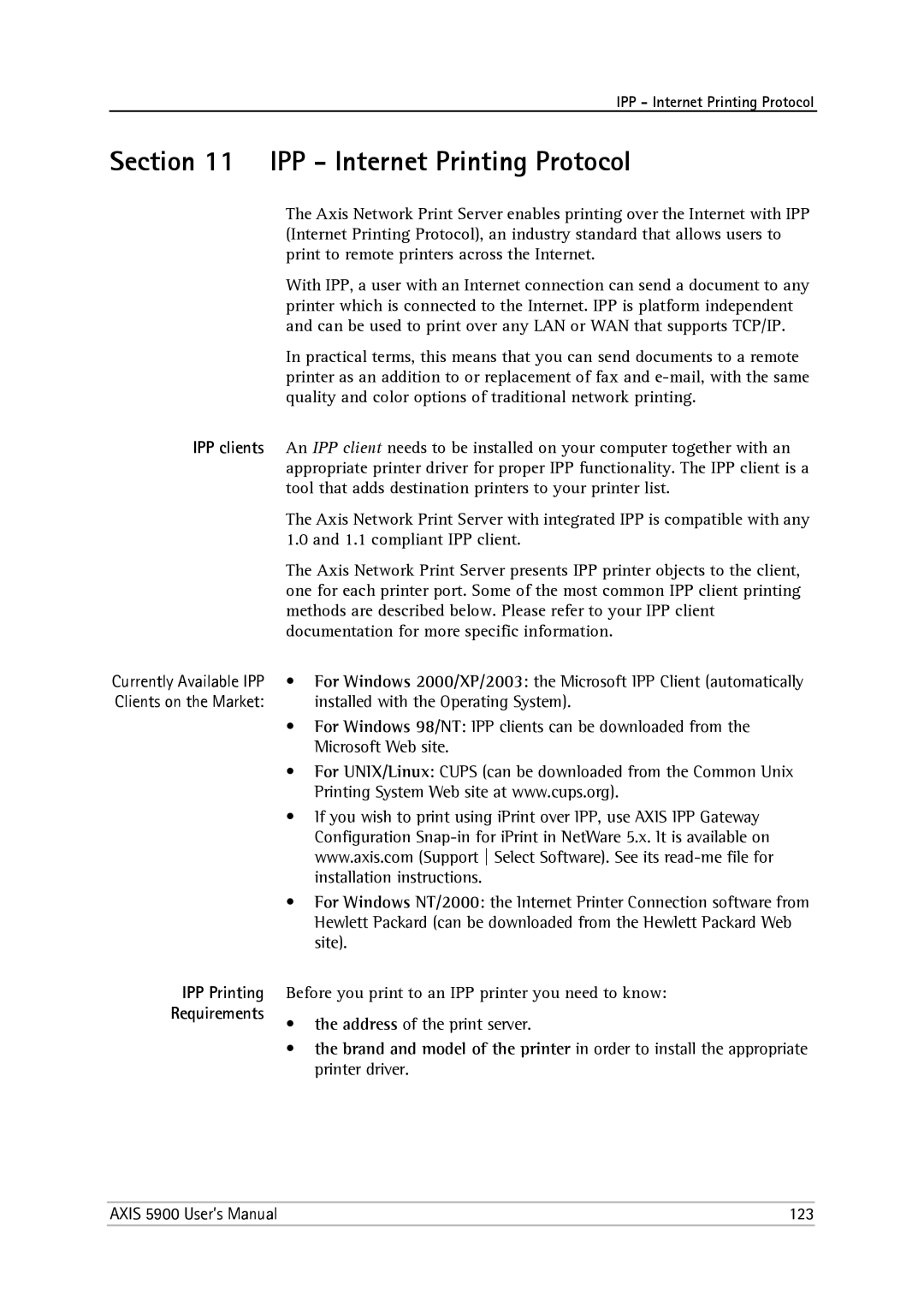 Philips 5900 user manual IPP Internet Printing Protocol, IPP clients, IPP Printing Requirements 