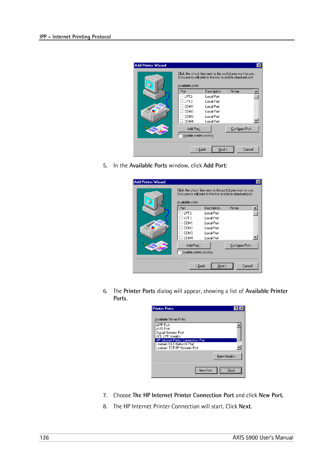 Philips 5900 user manual Available Ports window, click Add Port, HP Internet Printer Connection will start. Click Next 