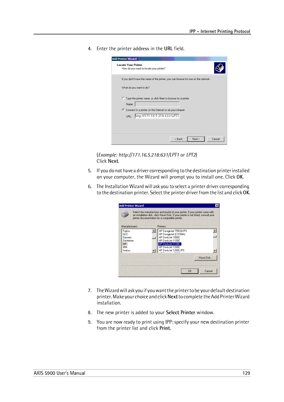 Philips 5900 user manual Enter the printer address in the URL field, Example http//171.16.5.218631/LPT1 or LPT2 Click Next 