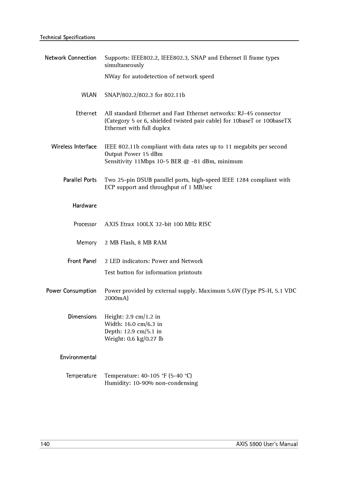 Philips 5900 user manual Hardware, Environmental 