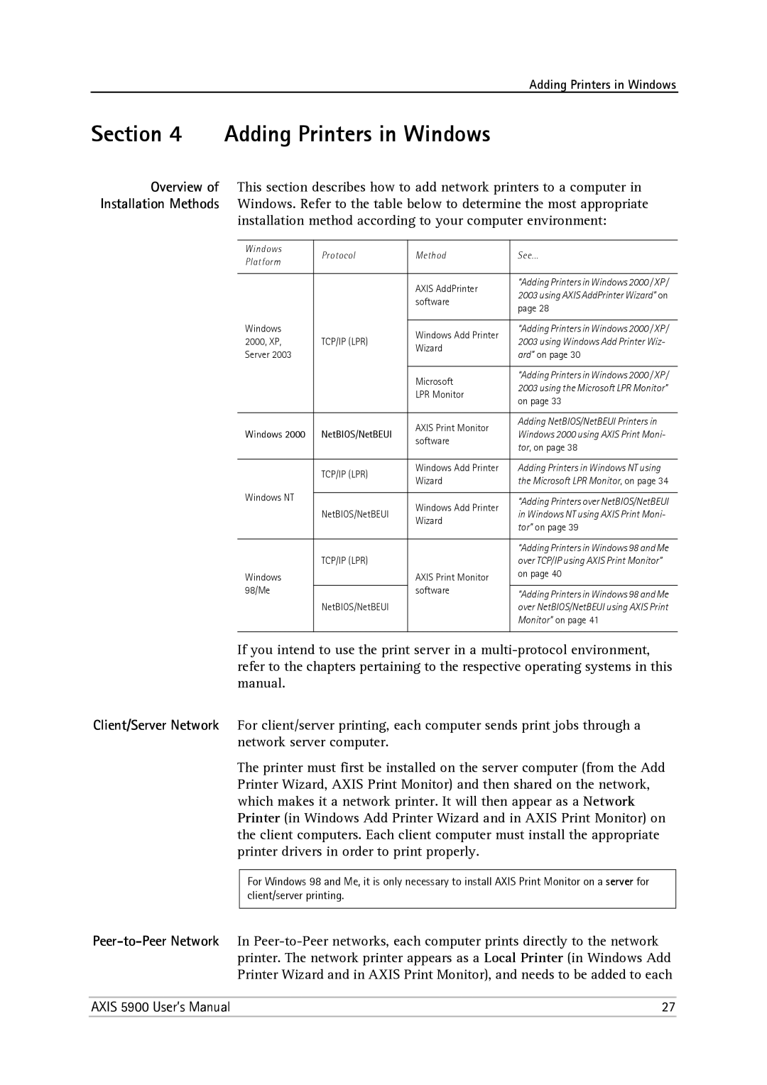 Philips 5900 user manual Adding Printers in Windows, Installation method according to your computer environment 