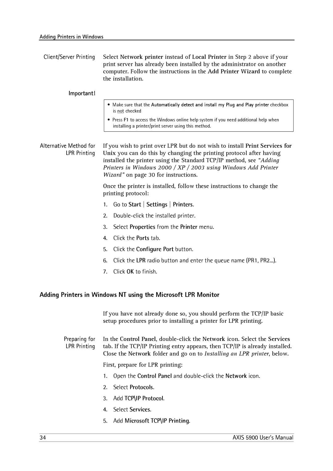 Philips 5900 user manual Go to Start Settings Printers, Select Protocols Add TCP\IP Protocol, Select Services 