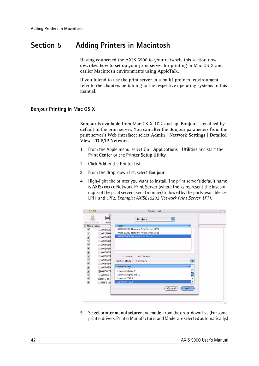 Philips 5900 user manual Adding Printers in Macintosh, Bonjour Printing in Mac OS 