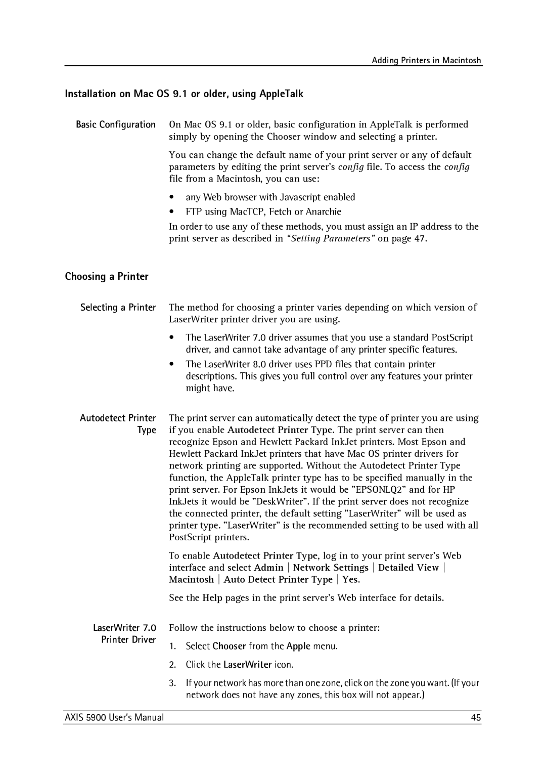 Philips 5900 user manual Installation on Mac OS 9.1 or older, using AppleTalk, Choosing a Printer 