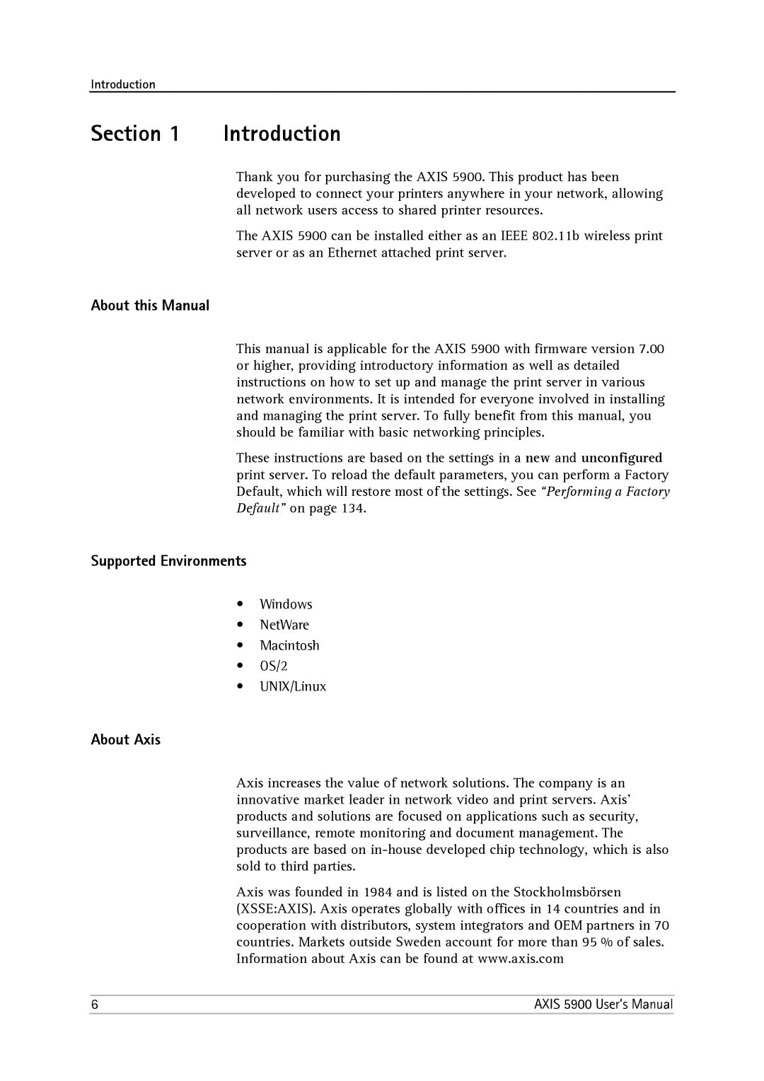 Philips 5900 Section, About this Manual, Supported Environments, About Axis, Windows NetWare Macintosh OS/2 UNIX/Linux 