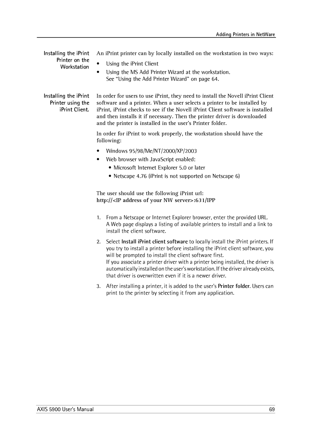 Philips 5900 user manual Installing the iPrint Printer on Workstation, Http//IP address of your NW server631/IPP 